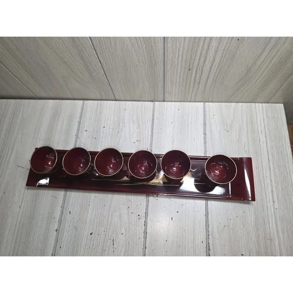 VTG Imaoka Trading Co Japan AIZU Sake Set 6 Cups Tray Deep Red Gold Beach Scene